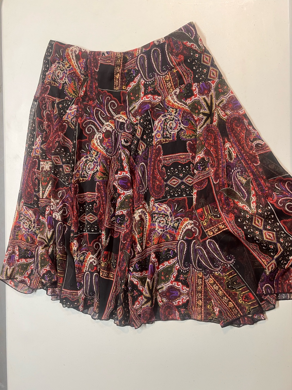 Coldwater Creek Paisley Pleated Midi Skirt PM 10-12 Black Red Purple